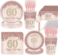 121Pcs 60th Birthday Party Supplies Plates Napkins Cups Forks Tablecloth Rose Gold Happy 60th Birthday Themed Disposable Tableware Decorations Serves 24 Guests for Women 60 Years