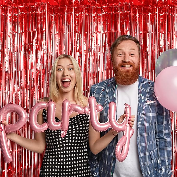 12 Pack Red Foil Curtain Backdrop 3.2ft x 6.6ft Metallic Tinsel Fringe Backdrop Curtains Streamer Photo Booth Backdrop for Birthday Engagement Bachelorette Christmas Holiday Party Decorations