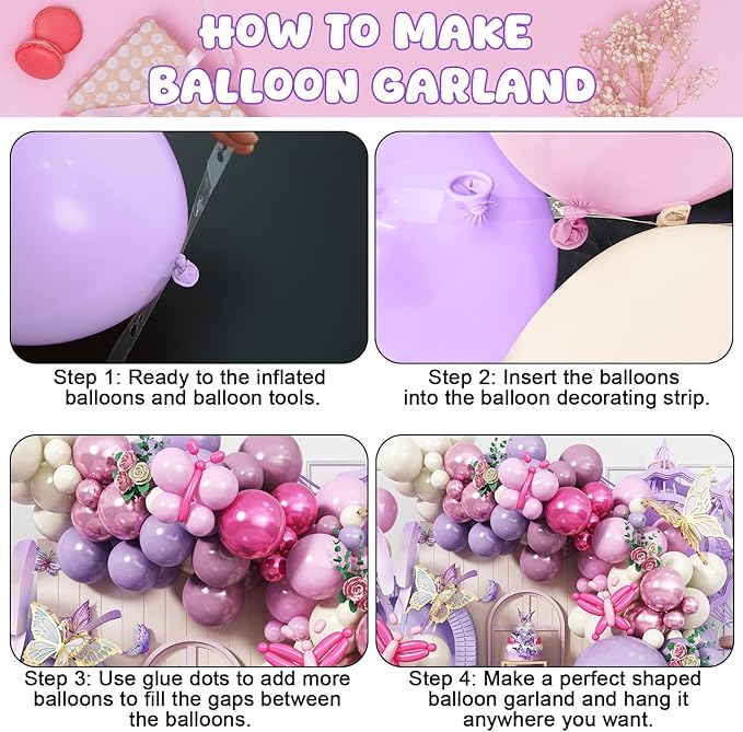 Butterfly Balloon Arch Kit, 135 PC Purple and Purple Butterfly Fairy Birthday Balloons Garland, Metallic Pink Cream Balloons Foil Balloons, Fairy Theme Baby Shower Birthday Decorations for Girls