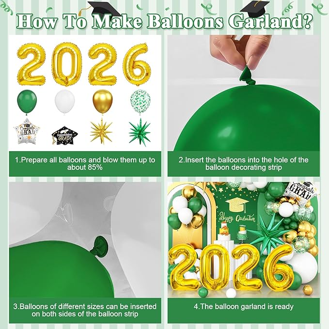 Green White Gold Balloon Arch Kit, Graduation Balloons Garland, 2026 Graduation Decorations Green Gold and White Balloons with Foil Star Balloon for Class of 2026 ollege High School Party Decor