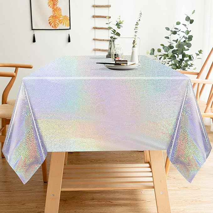 1 Pack Silver Iridescent Plastic Tablecloth Disposable 54 × 108 Inch Glitter Holographic Foil Table Cloth Plastic Laser Rectangle Table Cover for Birthday Wedding Disco Party