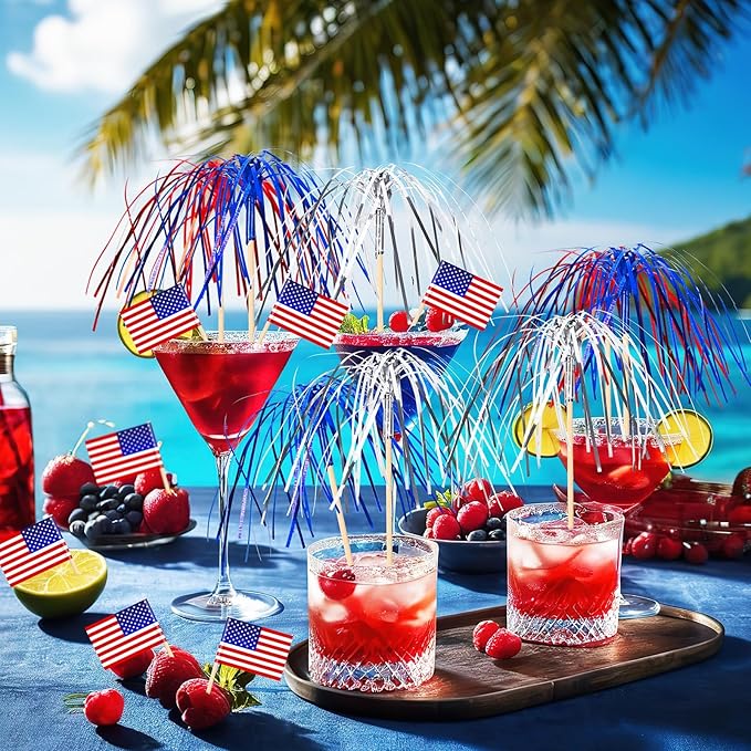 200Pcs 4th of July Cupcake Toppers, Patriotic Firework Cocktail Picks Independence Day American Flags Toothpicks Fruit Skewers for 4th of July Party Drinks Red White and Blue Decorations