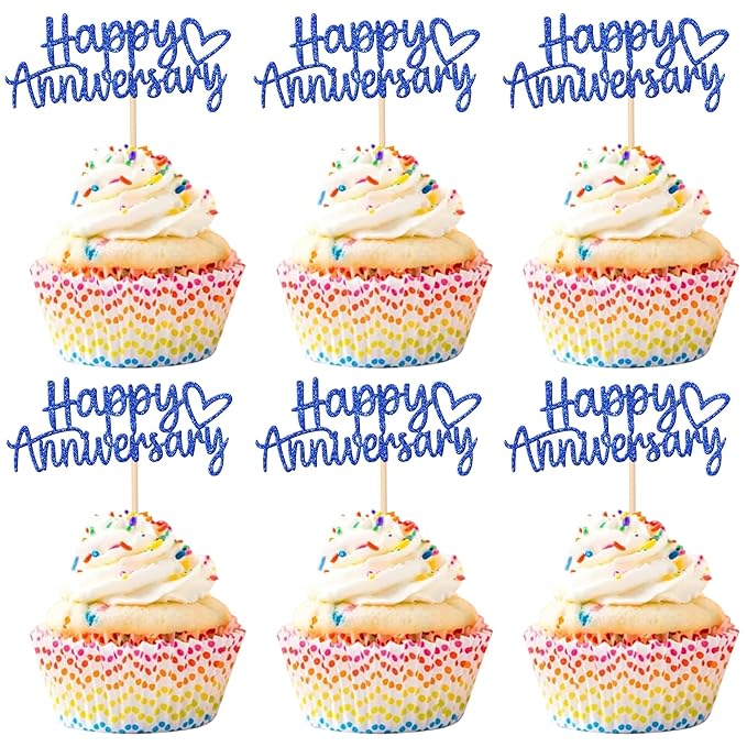 24 PCS Happy Anniversary Cupcake Toppers Glitter Wedding Anniversary Cupcake Picks Happy Anniversary Cupcake Decorations Baby Shower Birthday Wedding Anniversary Party Cake Decorations Supplies Blue