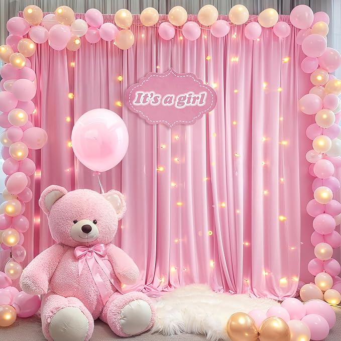 20x10FT Pink Backdrop Curtains with Lights for Parties,Wrinkle Free Wedding Photo Backdrop Curtains for Baby Shower Birthday Ceremony Reception Home Party Decorations-5ft x 10ft,4 Panels