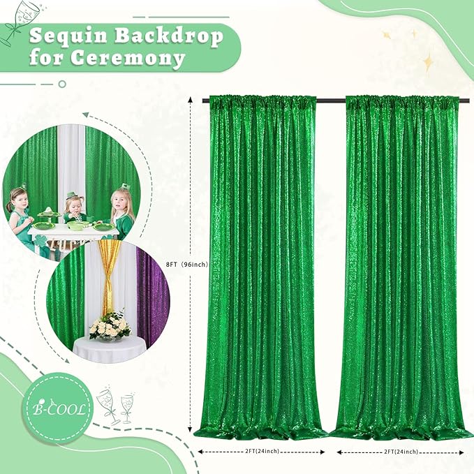 B-COOL Green Sequin Backdrop Curtain Sparkly Drapes 2 Panels 2ftx8ft for Shimmer Emerald Green Curtain Birthday Party Backdrop Decorations