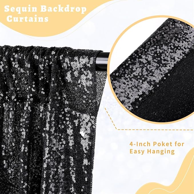 B-COOL Black Sequin Backdrop Curtain 6 Panels 2FTx8FT Shiny Curtain Drapes Glitter Background for Birthday New Years Holiday Party Satge Decorations