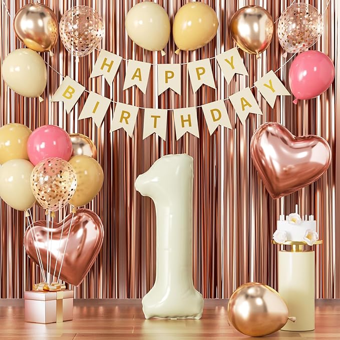 1st Birthday Decorations for Girl, Retro Sand White and Cream Balloon Garland Kit, Cream Number 1 Balloon, Pink Happy One Banner & Streamers, 1 Year Old Party Supplies