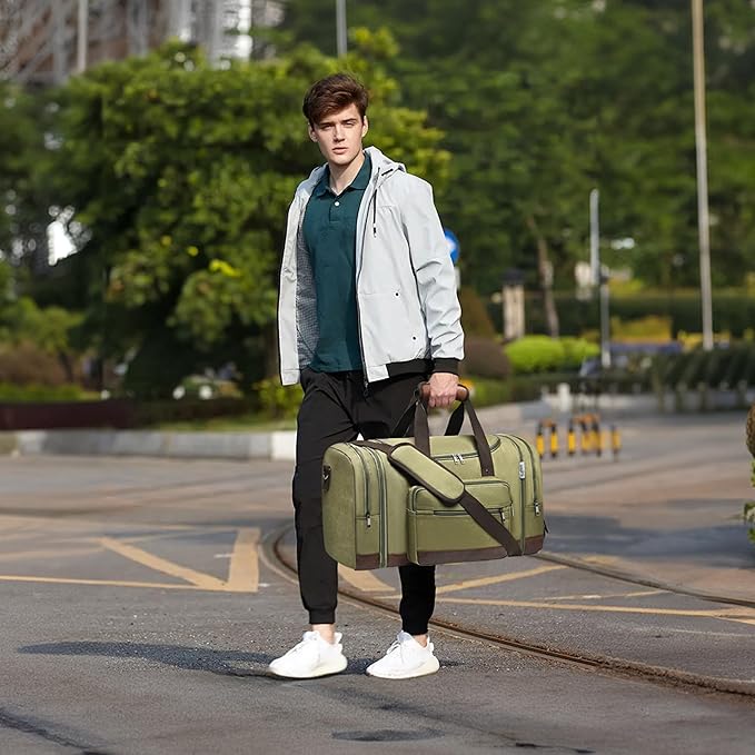 Wolhbege Duffle Bag for Travel,Mens Travel Bag & Carry On Bag for Men with Expandable Design and Luggage Sleeve –Duffel Bag for Gym, Weekender,Canvas,Overnight Trips Green