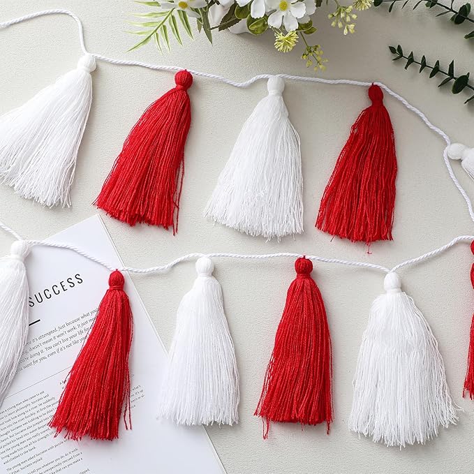 4 Pcs Rainbow Tassel Garland Party Decor, Colorful Boho Wall Hanging Banner for Birthday Birthday Wedding Baby Shower Party, Classroom, Bedroom, Nursery Home Decor(Red White,6.3 Inch)