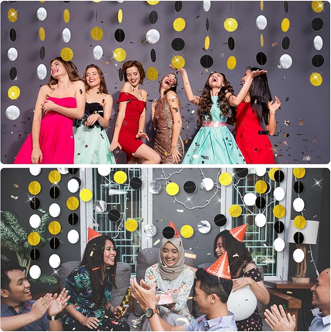 Syhood 10 Pcs Party Decorations Paper Dot Circle Garlands Glitter Streamers Hanging Banner Decor for New Year Baby Shower Wedding Birthday Backdrop Supplies (Black Gold and Silver)