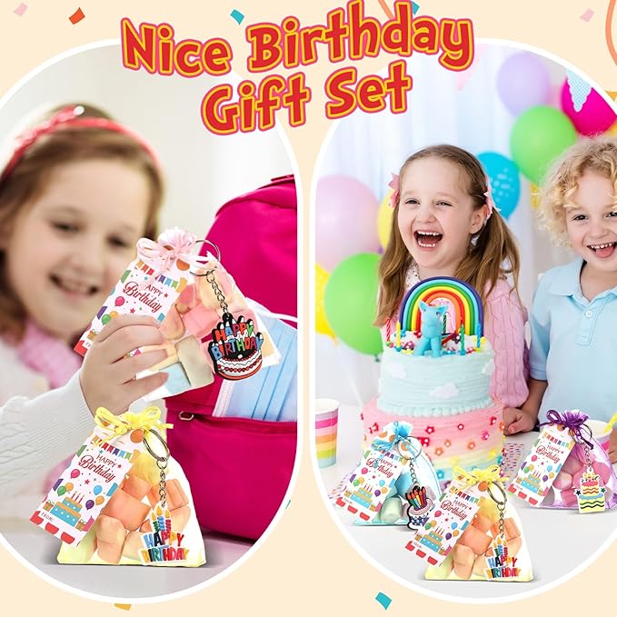 24 Set Happy Birthday Goodie Bags for Kids Happy Birthday Keychain Gifts with Organza Bags and Card for Students Key Chain Classroom Reward Gift Party Goodie Bag Stuffers Gift