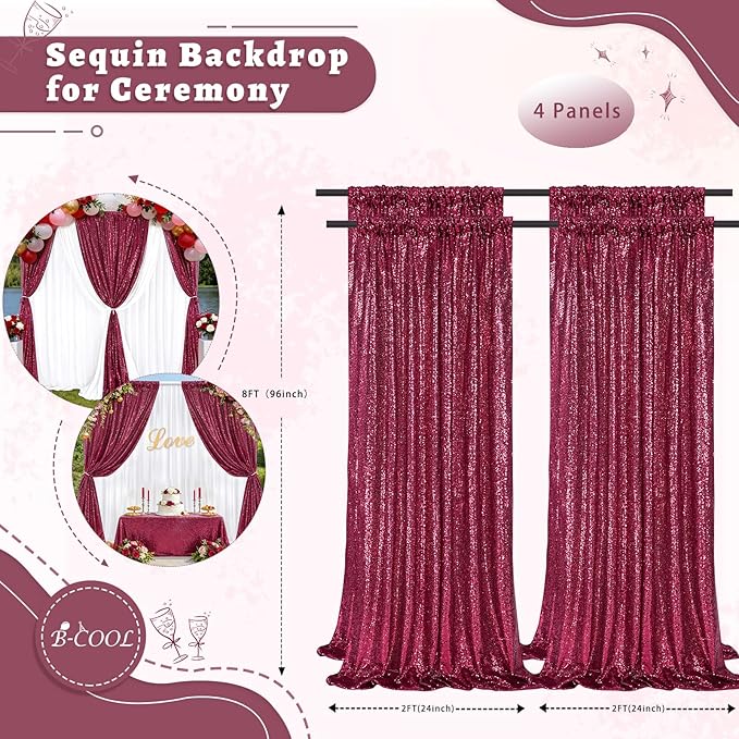 B-COOL Burgundy Sequin Backdrop Curtains 2 Packs 2ftx8ft Sparkle Backdrop Fabric Glitter Backdrop for Party Ceremony Wedding Birthday Decoration