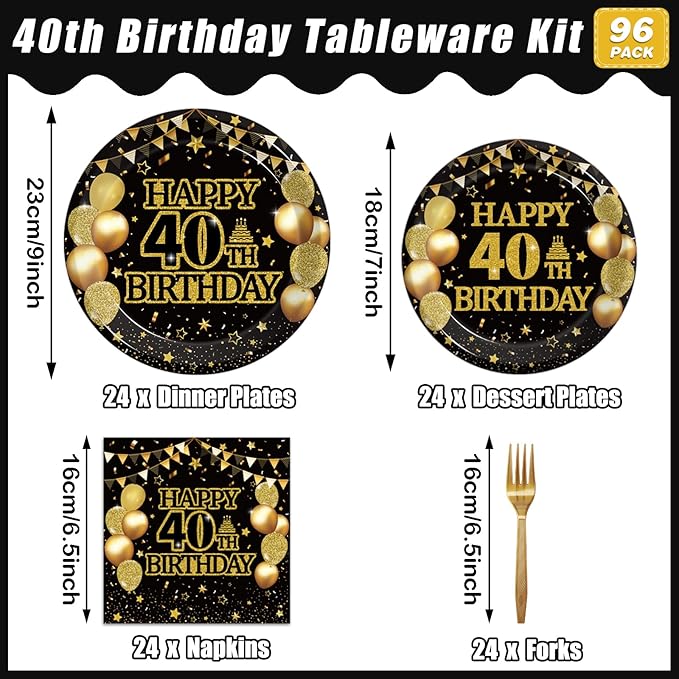 96Pcs 40th Birthday Party Tableware Set, Back in 1986 Birthday Party Decorations Supplies for Men Women Cheers to 40 Years Birthday Party Dessert Plates Napkins Forks Favors, Serve 24