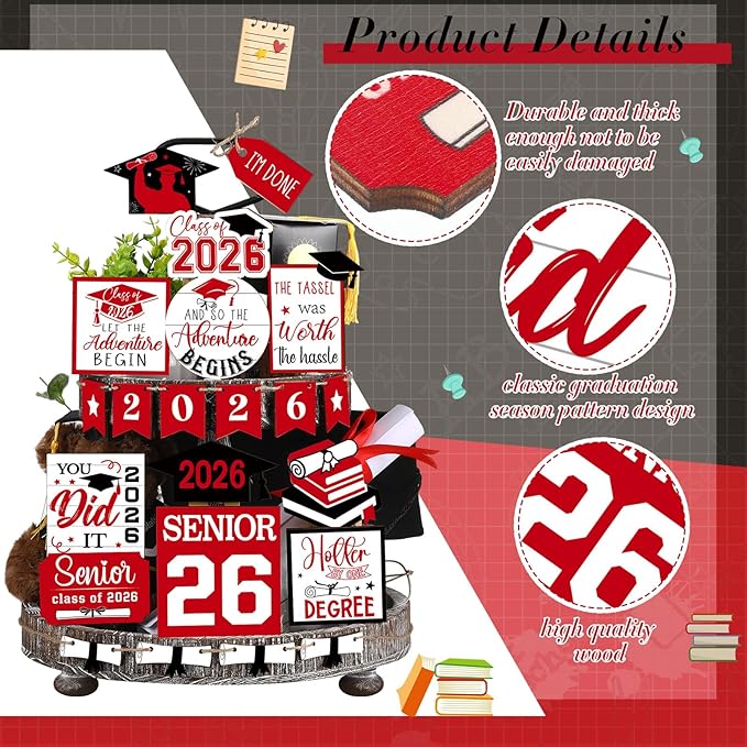 22 Pcs 2026 Graduation Tiered Tray Decor Sets Wooden Graduation Class of 2026 Table Decorations Senior 2026 Gown Diploma Farmhouse Signs for Home Shelf Party Office Desk(Red)