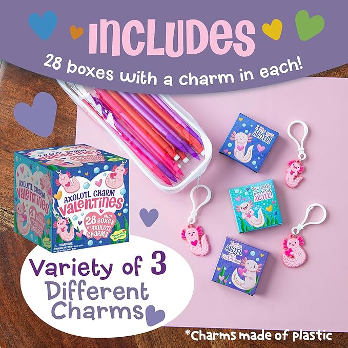Peaceable Kingdom Valentines Box for Kids, Valentines Day Box Kit for Valentines Cards for Kids Classroom - Axolotl Friendship Charms