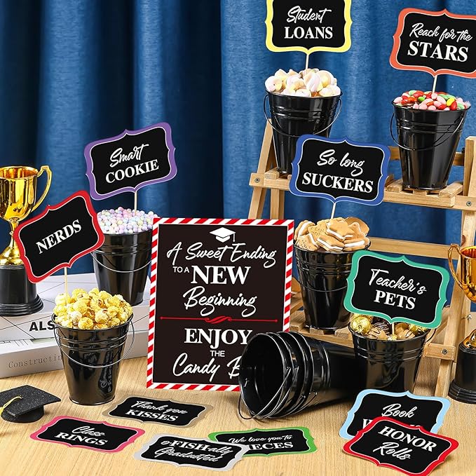 12 Set 2026 Graduation Candy Buffet Party Decoration Graduation Table Candy Bar Snack Labels Signs and 5'' Buckets with Handle for Class of 2026 Party Parties Supplies(Pure Style,Black Color)