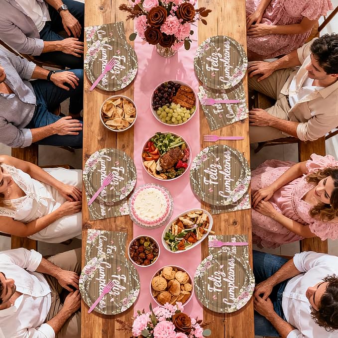 96Pcs Pink Feliz Cumpleaños Party Decorations Pink Wooden Floral Plates and Napkins Mexican Fiesta Birthday Tableware Set for Girls Women Mother's Day Mexico Spanish Birthday Party Supplies, Serves 24