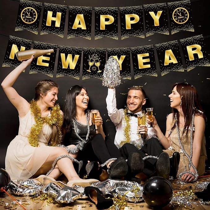 Happy New Year Decorations 2026 - Black Gold New Year Party Banner - Reusable New Years Eve Party Supplies 2026 (Style A)