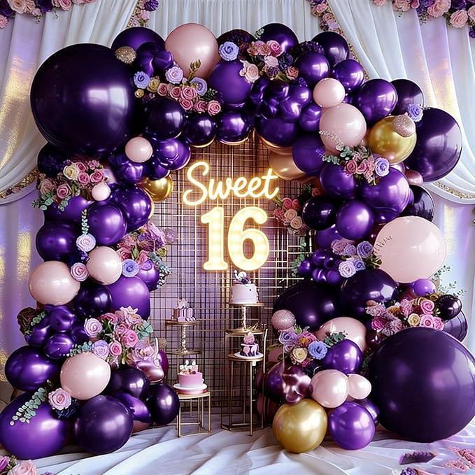 Purple and Gold Balloons Double Stuffed Royal Purple Pink Balloon Garland Kit with Artificial Flowers Balloon Arch for Sweet 16, Bridal Shower and Birthday Decoration