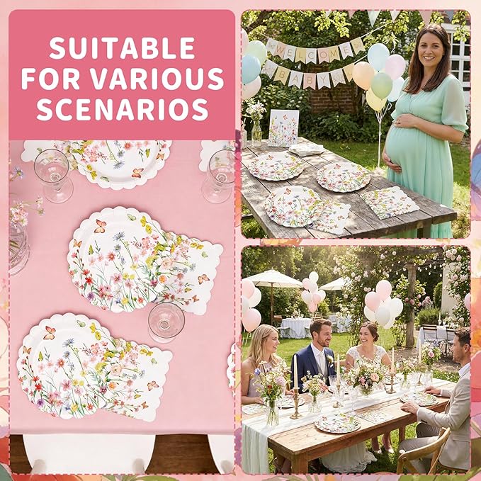 Wildflower Party Plates and Napkins Set - 40 Pcs Spring Disposable Tableware for 20 Guests, 9 Inch Floral Paper Plates & Butterfly Napkins for Baby Shower, Garden Party & Birthday Decorations