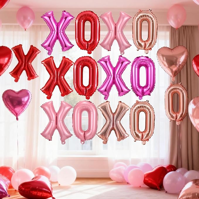 16 Pcs XO Valentines Balloons, 16 Inch Red Pink XOXO Letters Foil Mylar Balloons Banner Valentine Day Balloon Decorations for Romantic Galentines Day Bridal Shower Engagement Anniversary Party Decor