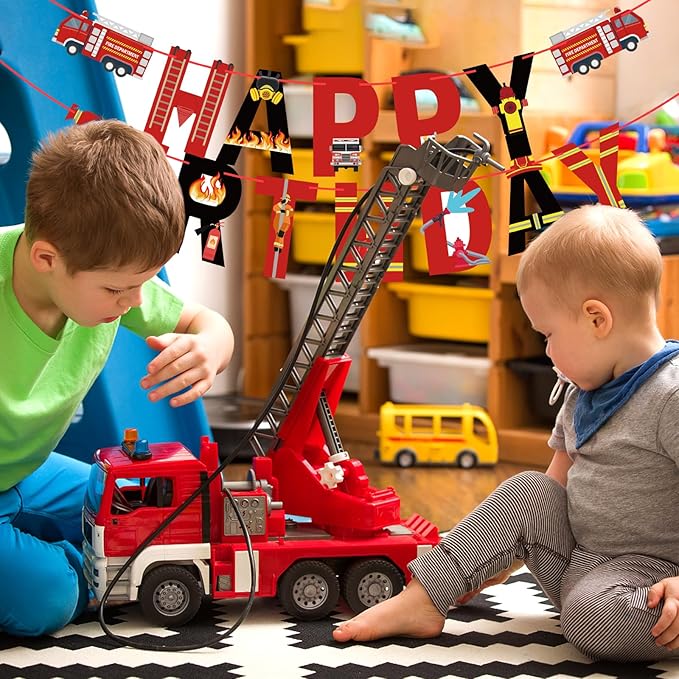 Fire Truck Happy Birthday Banner Sign, Fire Engine Rescue Birthday Bunting Banner Flag Garland for Kids Boys Fire Truck Party Carnival Party Decorations Supplies