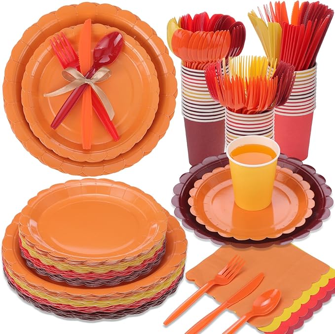 350 Pcs Fall Thanksgiving Plates and Napkins, 50 Guest Autumn Party Supplies Include Scalloped Paper Plates Napkins Cups Plastic Spoons Forks Knives Disposable Tableware Set for Harvest Party