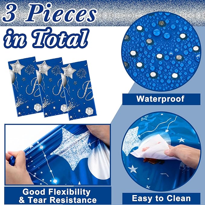 Tudomro 3 Pcs Happy Birthday Tablecloths Happy Birthday Party Decorations Plastic Table Cover Rectangular Cloths for Women Men Baby Shower Party Supplies, 108 x 54 Inch (Blue Silver)