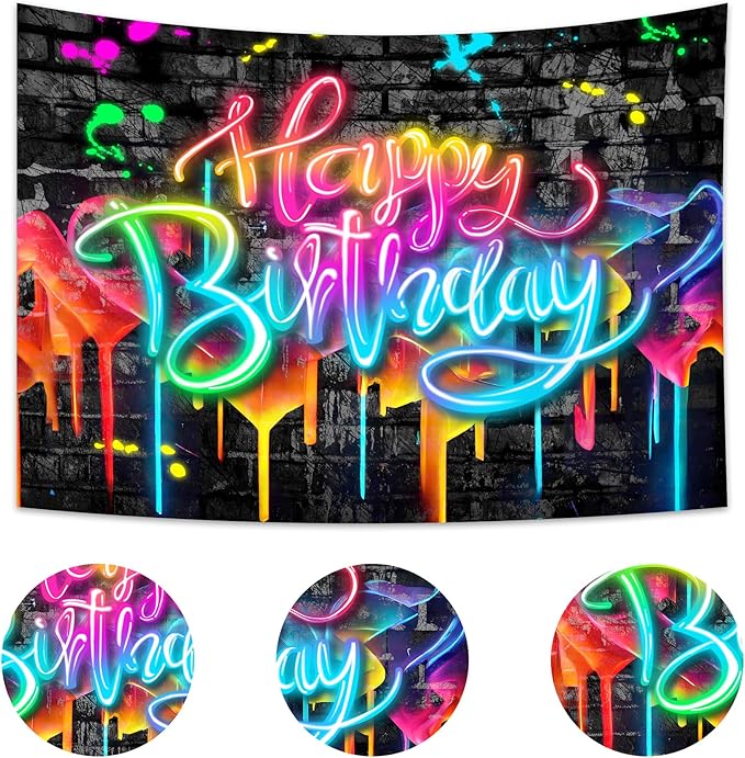 Imirell Neon Happy Birthday Backdrop 5Wx3H Feet Glow in The Dark Graffiti Brick Wall Funny Colorful Painting Polyester Fabric Cool Boys Photography Backgrounds Photo Shoot Decor Props Decoration