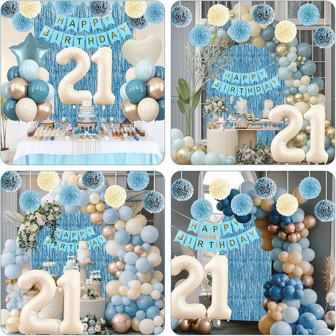 Dusty Blue 21st Birthday Decorations for Him Her Beige Cream Number 21 Balloon Blue Gold Happy Birthday Banner Fringe Curtain Paper Pom Poms Nude White Sand Champagne Star Foil Balloons Party Decor