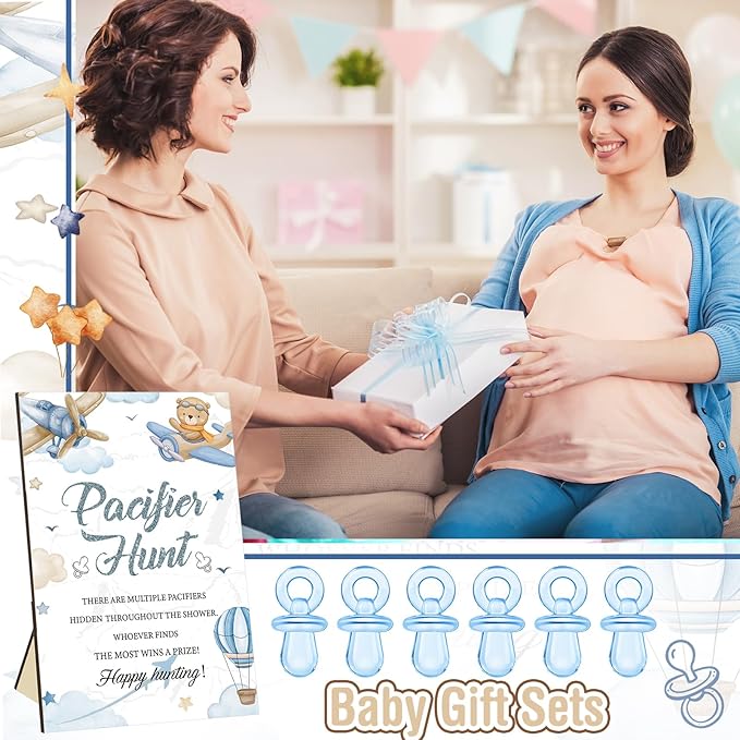 Thyle 51 Pcs Airplane Pacifier Hunt Baby Shower Games Include Hunt Sign and 50 Acrylic Pacifiers for Adventure Await Baby Shower Game Decoration Sets Gender Reveal Newborn Announcement Party Decor