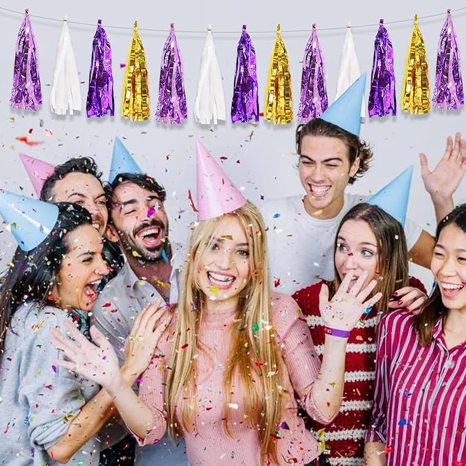 BEISHIDA 3 Packs Purple Gold White Metallic Foil Fringe Tassel Garland Banner Streamers for Graduation Birthday Wedding Bridal/Baby Shower Engagement Girl Theme Halloween Holiday Party Decoration