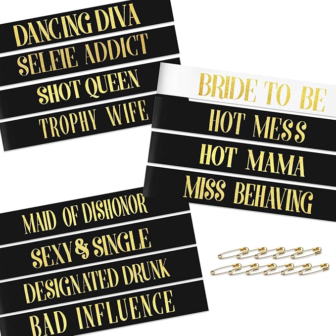 12 Pack Bachelorette Party Sash Set - Bride to Be Sash + 11 Funny Group Sashes for Bridal Shower, Engagement Celebration & Girls’ Night Out, Includes Safety Pins