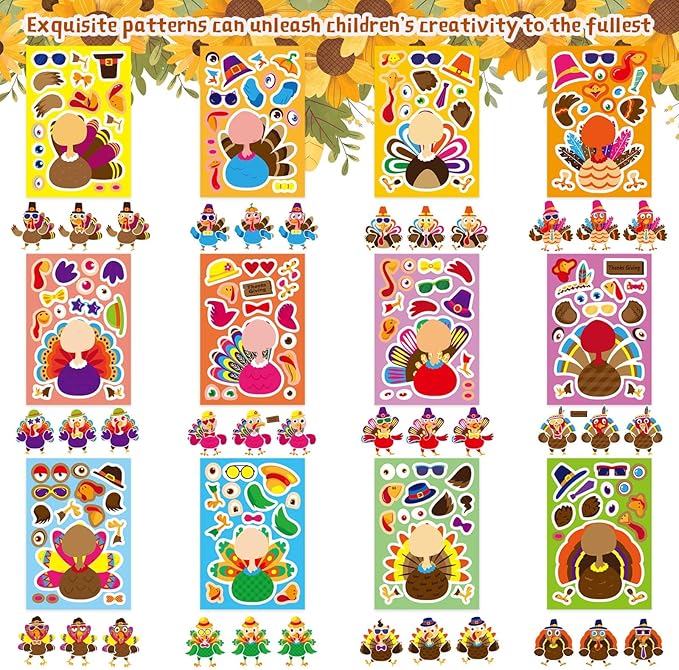 Make A Turkey Stickers, 36 Sheets Make Your Own Turkey Stickers Thanksgiving Stickers for Kids Classroom Reward, Autumn Stickers Fall Theme Party Favor Thanksgiving Crafts for Kids,12 Desgins