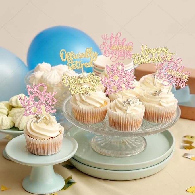24Pcs Happy Retirement Cupcake Toppers Officially Retired Cake Toppers No Work Zone Adventure Begins Cupcake Picks Retirement Theme Farewell Birthday Party Decorations Supplies PInk Gold