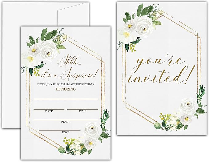 Shhh It's a Surprise Birthday Invitations, Greenery Floral Birthday Party Invitation Card, Surprise Birthday Party Favors & Celebration Supplies(20 Set of Invitations with Envelopes)-B27