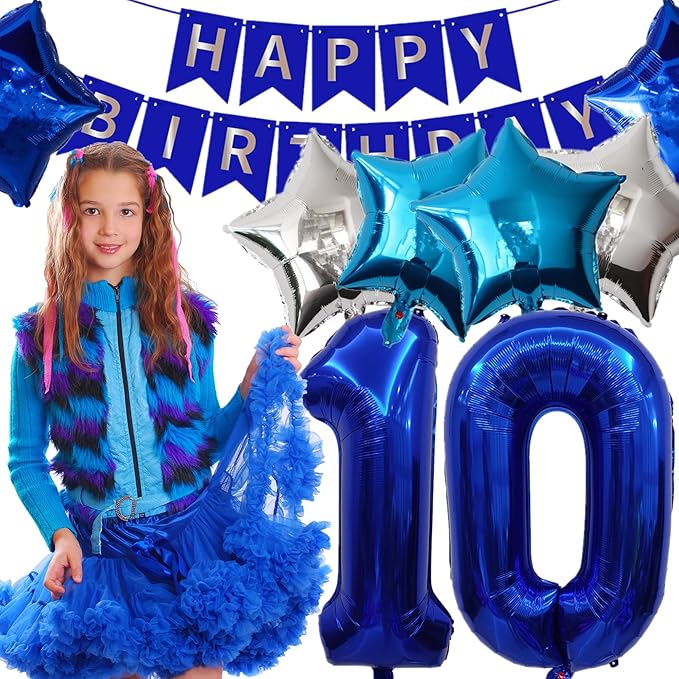 53 Pieces 10th Birthday Decorations Double Digits Party Balloons Happy Birthday Banner Number 10 Balloons Blue Silver Foil Balloons Latex Balloons for 10 Year Old Boy Birthday Party (Blue)