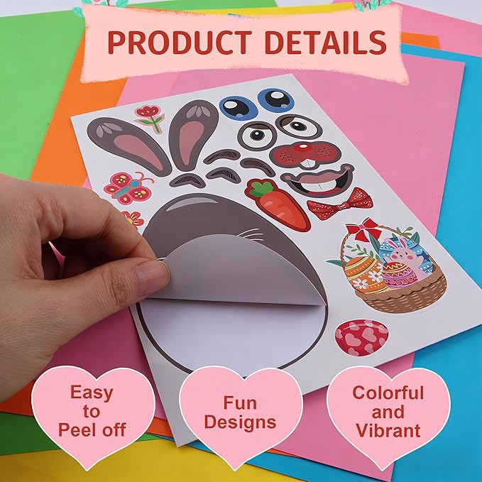 Easter Stickers for Kids, Easter Basket Stuffers Gifts for Kids, 24 Sheets DIY Happy Easter Make A Face Stickers Crafts with Eggs Themed Game Toys Classroom Activities Party Favor Supplies Decorations