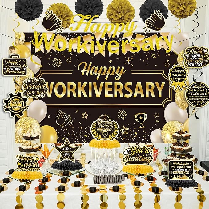 Happy Work Anniversary Decorations - 23PCS Glitter Happy Workiversary Banners Hanging Swirls Honeycomb Centerpieces Pompoms Backdrop, Office Appreciation Supplies Decor for Employee Worker