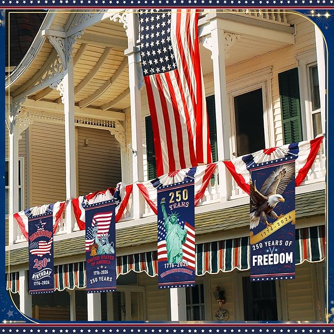 Panelee 4 Pcs 250th Anniversary Banner Decoration Patriotic American Flag Porch Banner 250th Anniversary Hanging Backdrop for Independence Day 4th of July Wall Indoor Outdoor Decor