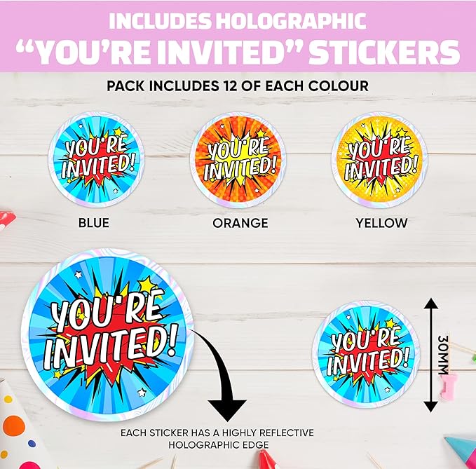 36 Kids Childrens Birthday Party Invitations with Folding Envelope Design and Holographic Stickers (Pink)