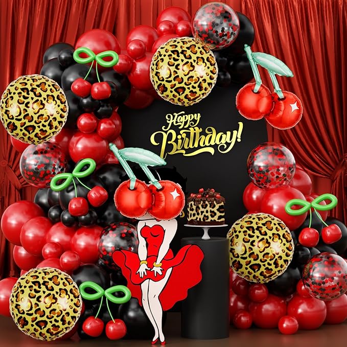 JOGAMS 174Pcs Betty Party Decorations,Cheetah Print Red and Black Party Decorations with Confetti Cherry Cheetah Print Green 260 Balloons for Bachelorette Birthday Baby Shower Vintage Retro Party