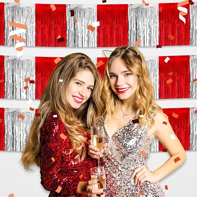 3 Pack 10 Feet Red Silver Foil Fringe Garland Metallic Tinsel Streamers Banner Wall Hanging Curtain Backdrop for Parade Floats, Christmas Day, Thanksgiving, Birthday Party Decorations