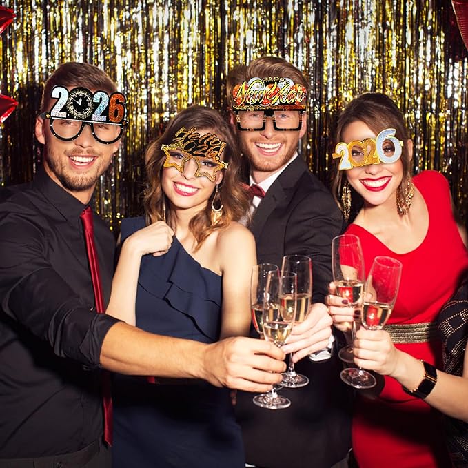 PRETYZOOM 9Pcs 2026 Happy New Year's Eve Eyeglasses: Year of Horse Glasses Nye Party Favor for 2026 Supplies Glitter Holiday Glasses Decorations