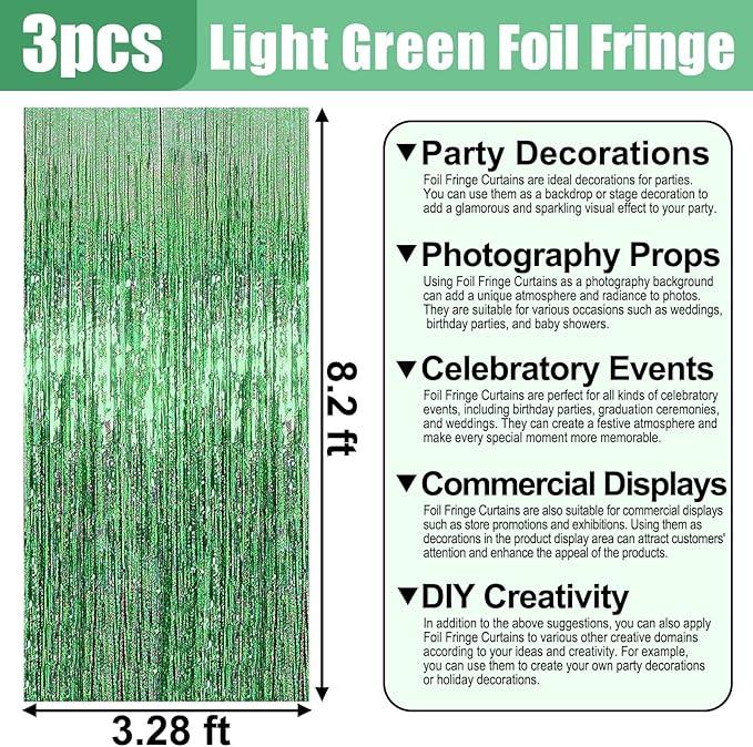 3 Pack Light Green Foil Fringe Curtain Backdrop, 3.28Ft x 8.2Ft Metallic Tinsel Foil Fringe Streamer Curtains for Photo Booth, Mother's Day, Easter, Birthday, Wedding Party Decorations