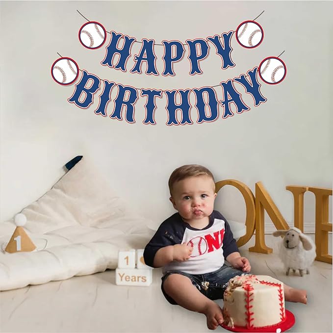 OZCZKZZ Happy Birthday Banner Baseball,Navy Blue,Baseball Birthday Party Decorations