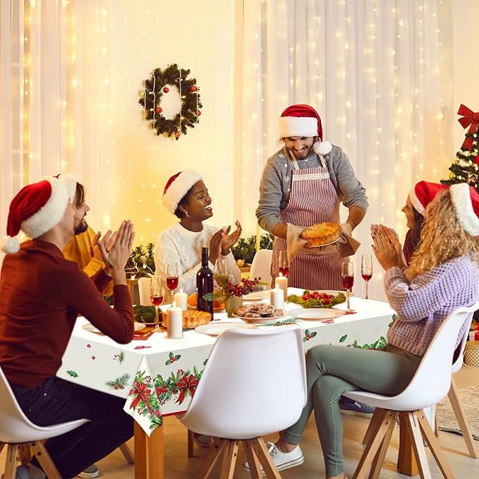 OBUSATT 3pcs Christmas Party Tablecloth Holly and Pine Cone Merry Christmas Holiday Table Cloth 108 x 54 Inch Rectangle Waterproof Xmas Holiday Table Cover Decorations for Christmas Party Supplies