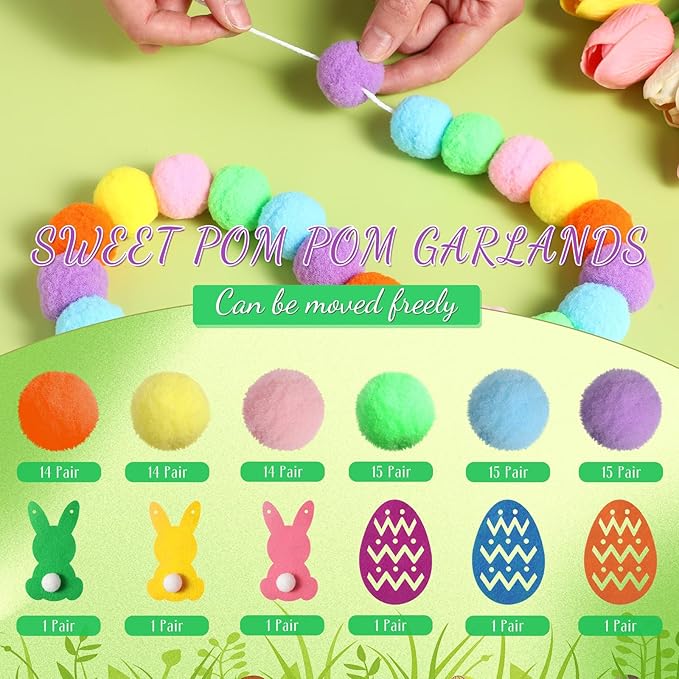 Breling 3 Pieces Easter Felt Garland 10 ft Colorful Felt Pom Pom Ball Garland Bunny Eggs Easter Banner Decorations for Mantle Fireplace Room Hanging Decor