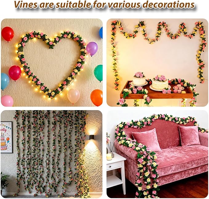 Miracliy 8Pcs 66FT Flower Garland, Orange and Champagne Artificial Rose Floral Vines Fake Hanging Spring Flower Garland for Wall Backdrop Wedding Arch Tea Party Door Mantle Decoration