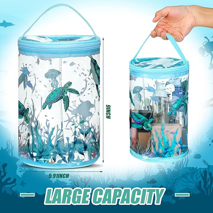 Sanwuta Beach Gifts Heavy Duty Clear Lotion Toiletry Bags for Travel Sunscreen Makeup Cosmetic Pouch Cylinder Bag Waterproof Portable Trip Bag with Handle Zipper(Turtle)